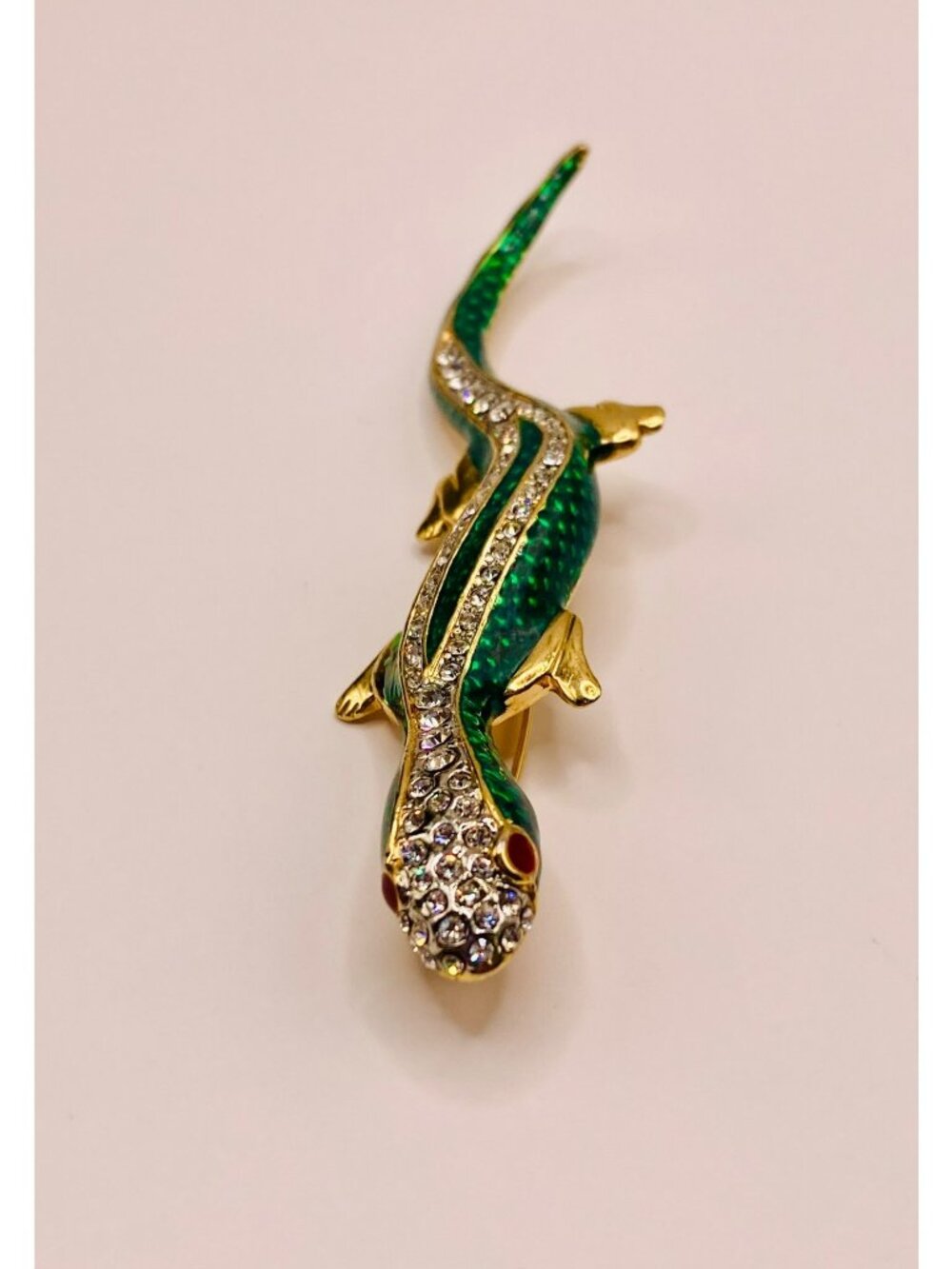 Gold & Green Enamel Salamander Brooch Pin Rhinestone Accents -10B